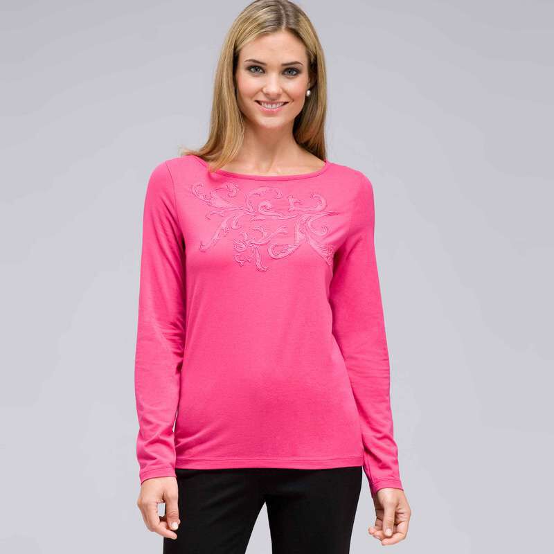 Long Sleeve Embellished Boat Neck Top, , large
